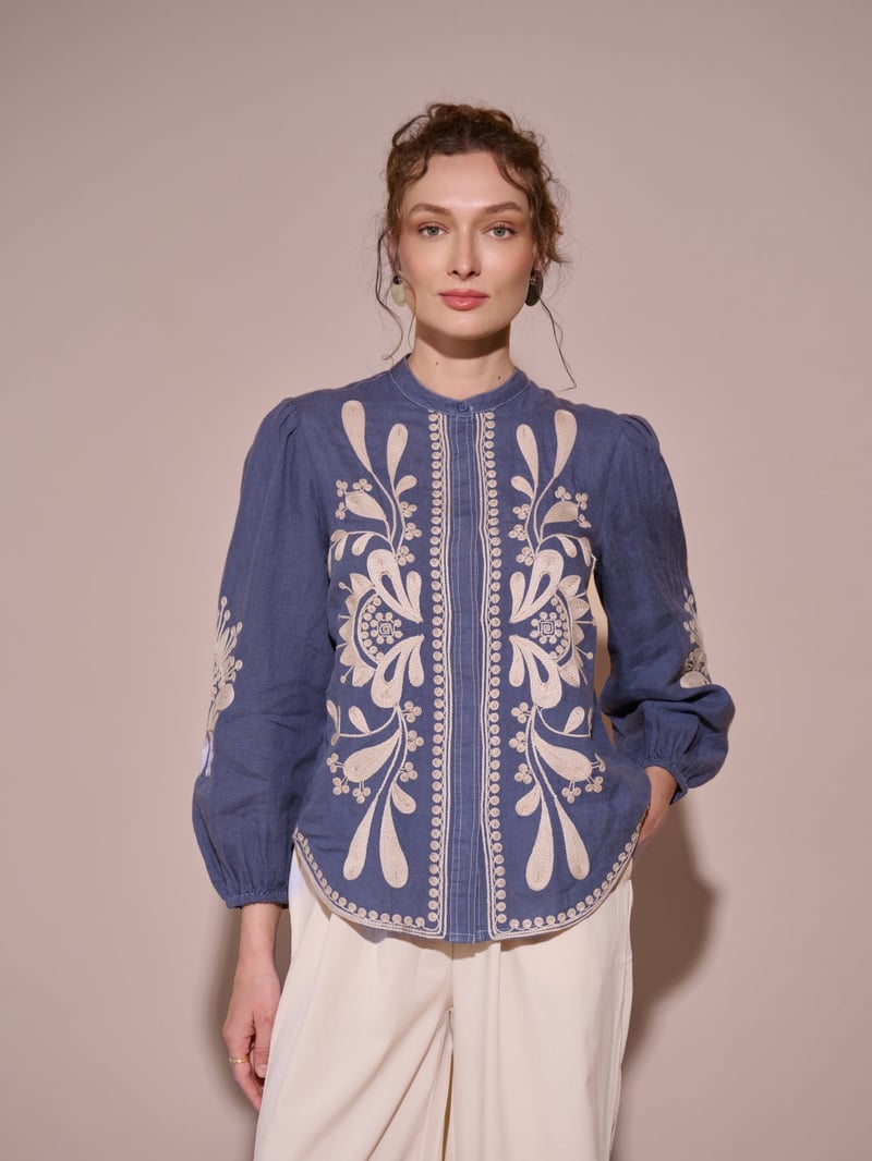 Green Linen Embroidered Mandarin Collar Blouse