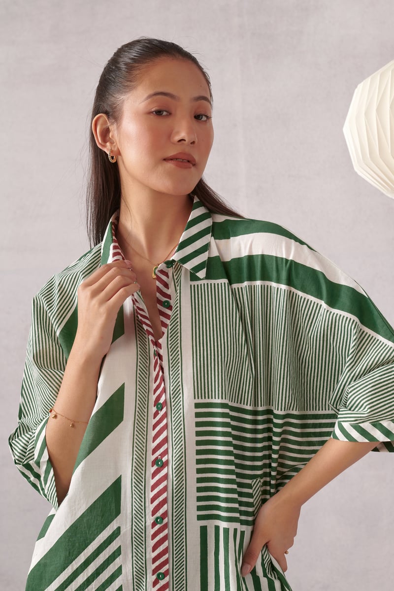 Green and White Striped Relaxed Cotton Shirt
