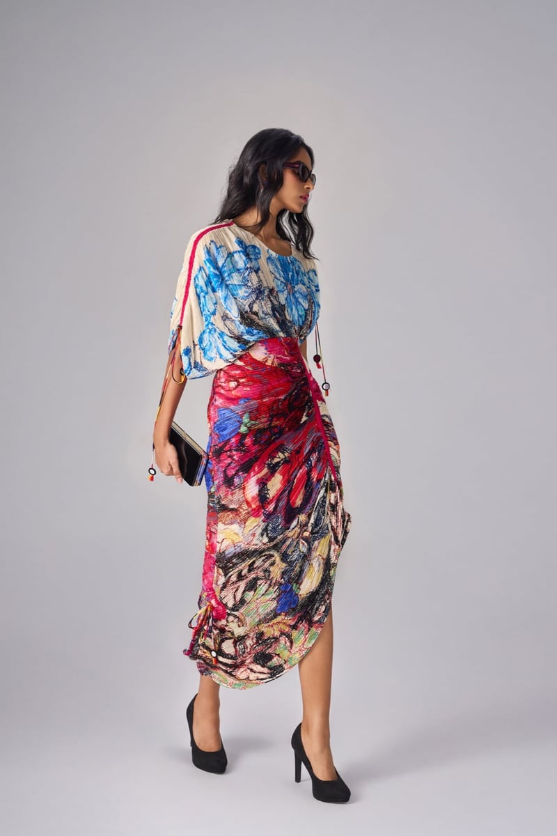 Multi-Color Abstract Floral Micro-Pleated Kaftan Midi Dress