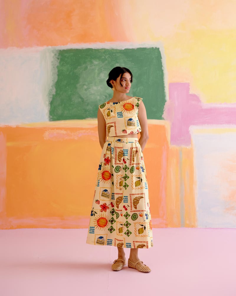 Yellow Printed Cotton Crop Top and Maxi Skirt Co-ord Set