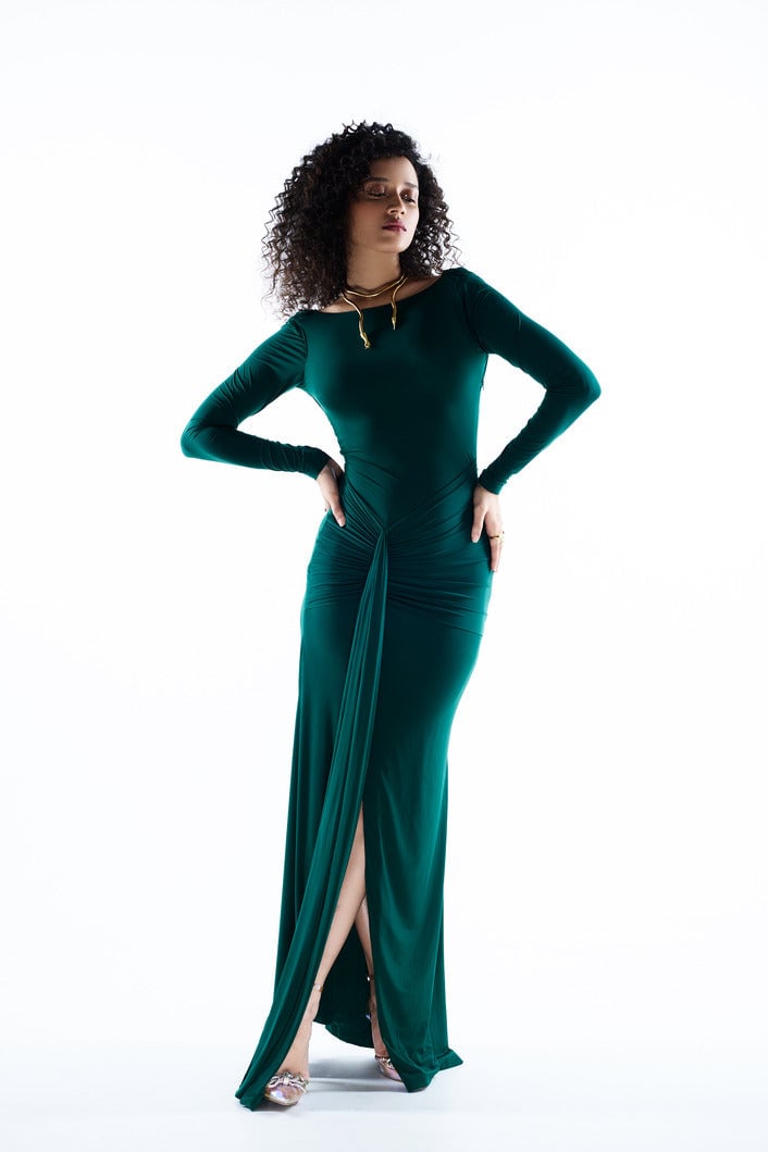Green Lycra Bodycon Maxi Dress with Ruched Knot and Slit
