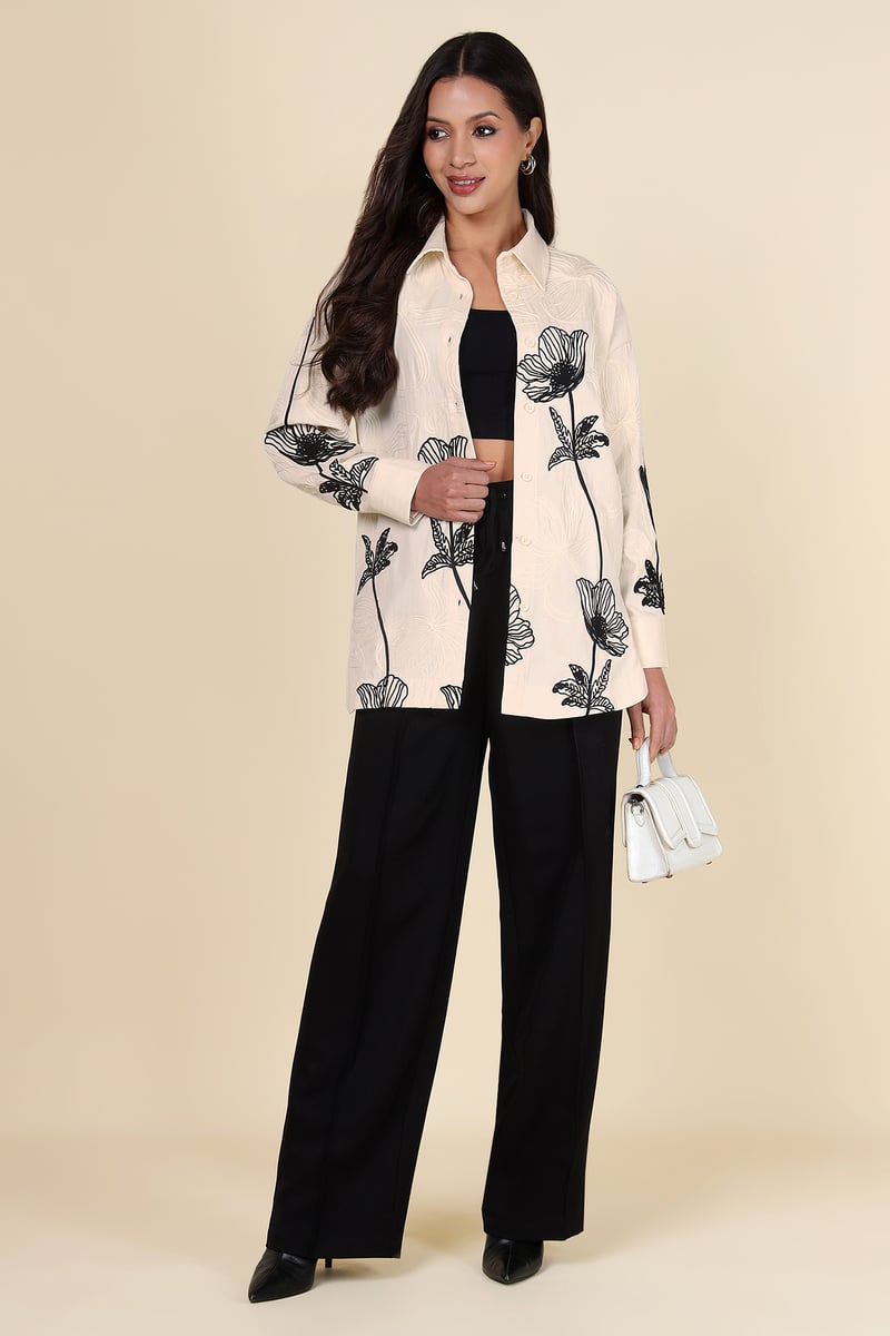Natural Ivory Monochrome Floral Longline Cotton Shirt