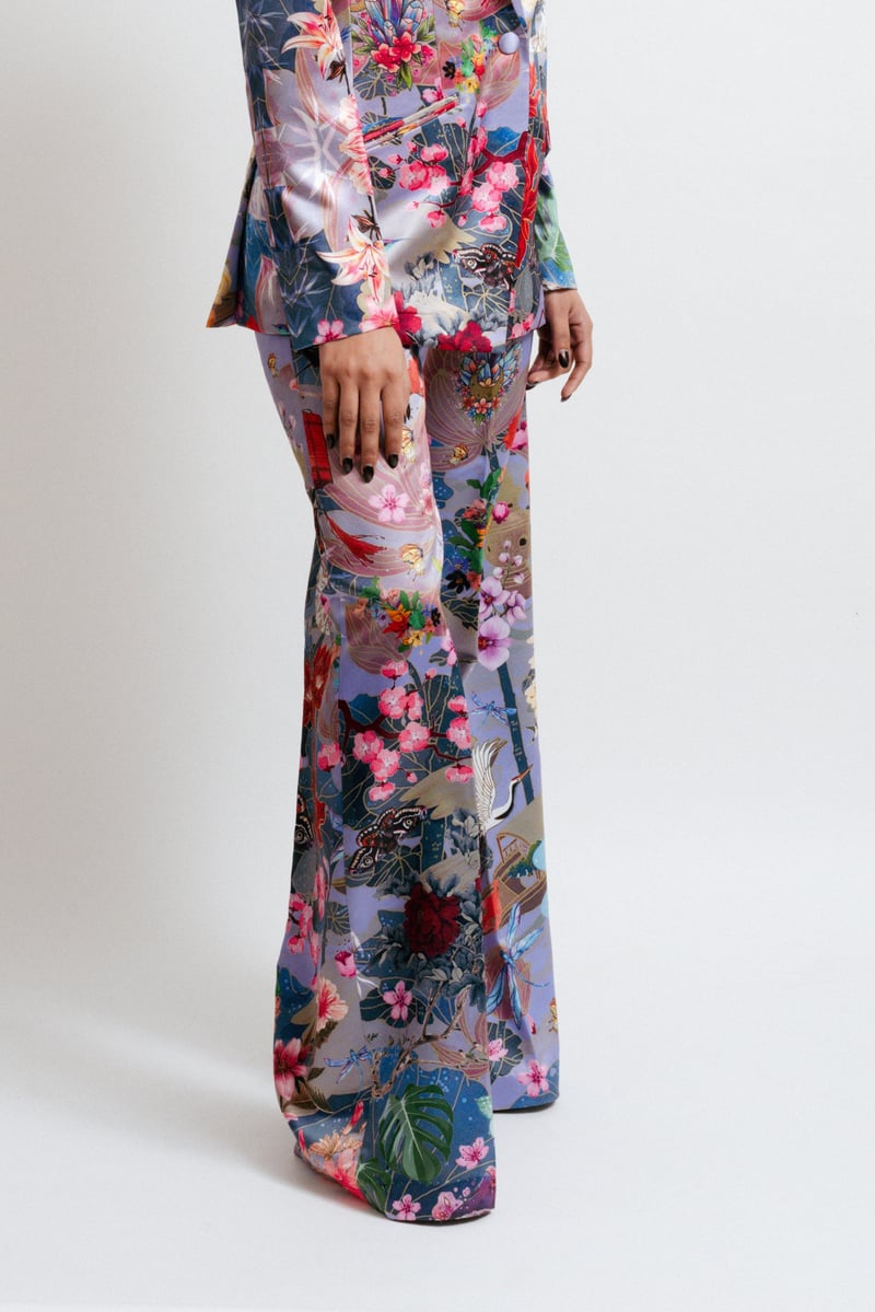 Multicolor Digital Print Wide-Leg Satin Trousers