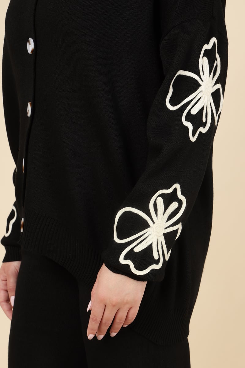 Black Knit Button-Front Top and Wide-Leg Pants Co-ord Set