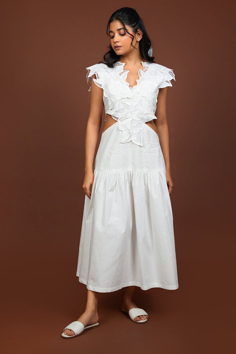 White Cotton Lace Bodice Fit and Flare Midi Dress