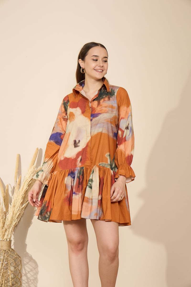 Rust Abstract Print Tiered Mini Shirt Dress