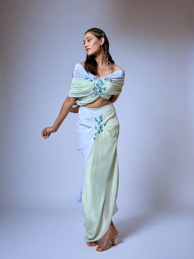 Blue Ombre Off-Shoulder Draped Co-ord Set