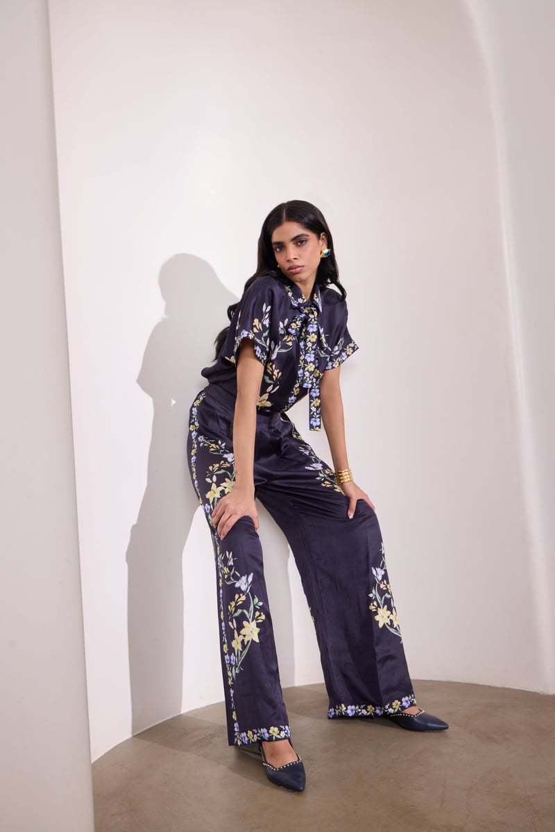 Navy Linen Satin Floral Placement Print Shirt