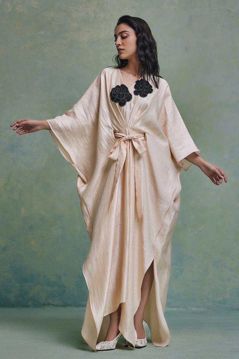 Beige Banarasi Tissue Kaftan with Tie Belt