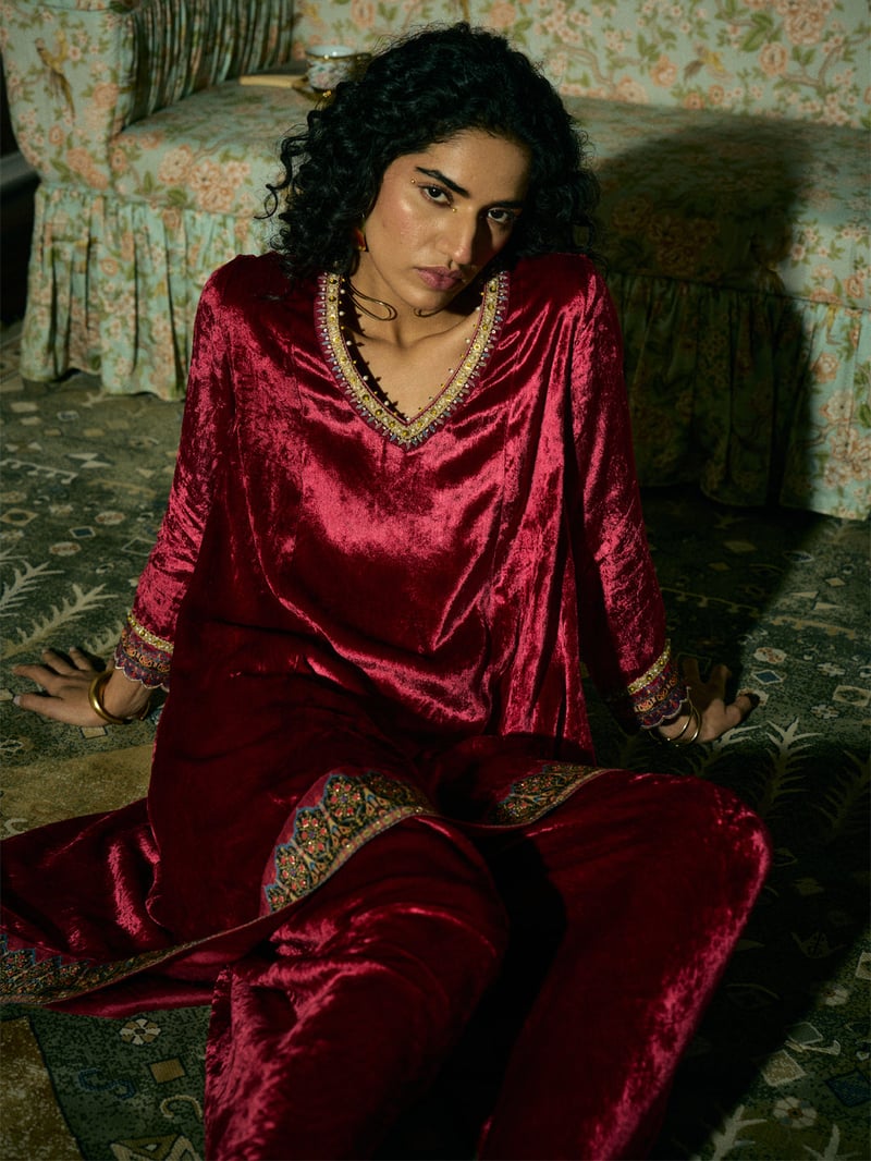 Maroon Velvet High-Low Kurta Set with Dhoti Bottom