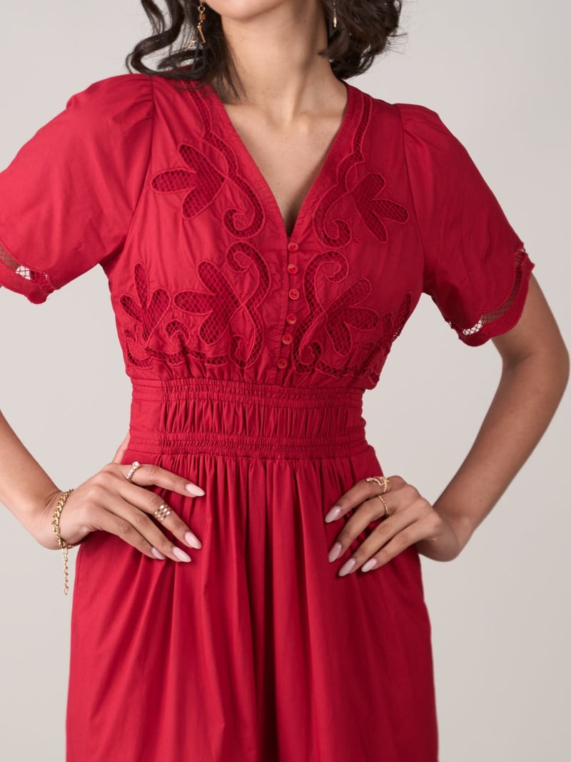 Red Cutwork Tiered Maxi Dress with Smocked Waist