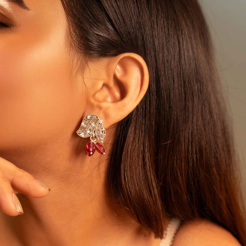 Essence Dual Leaf Kundan Pink Drop Earring
