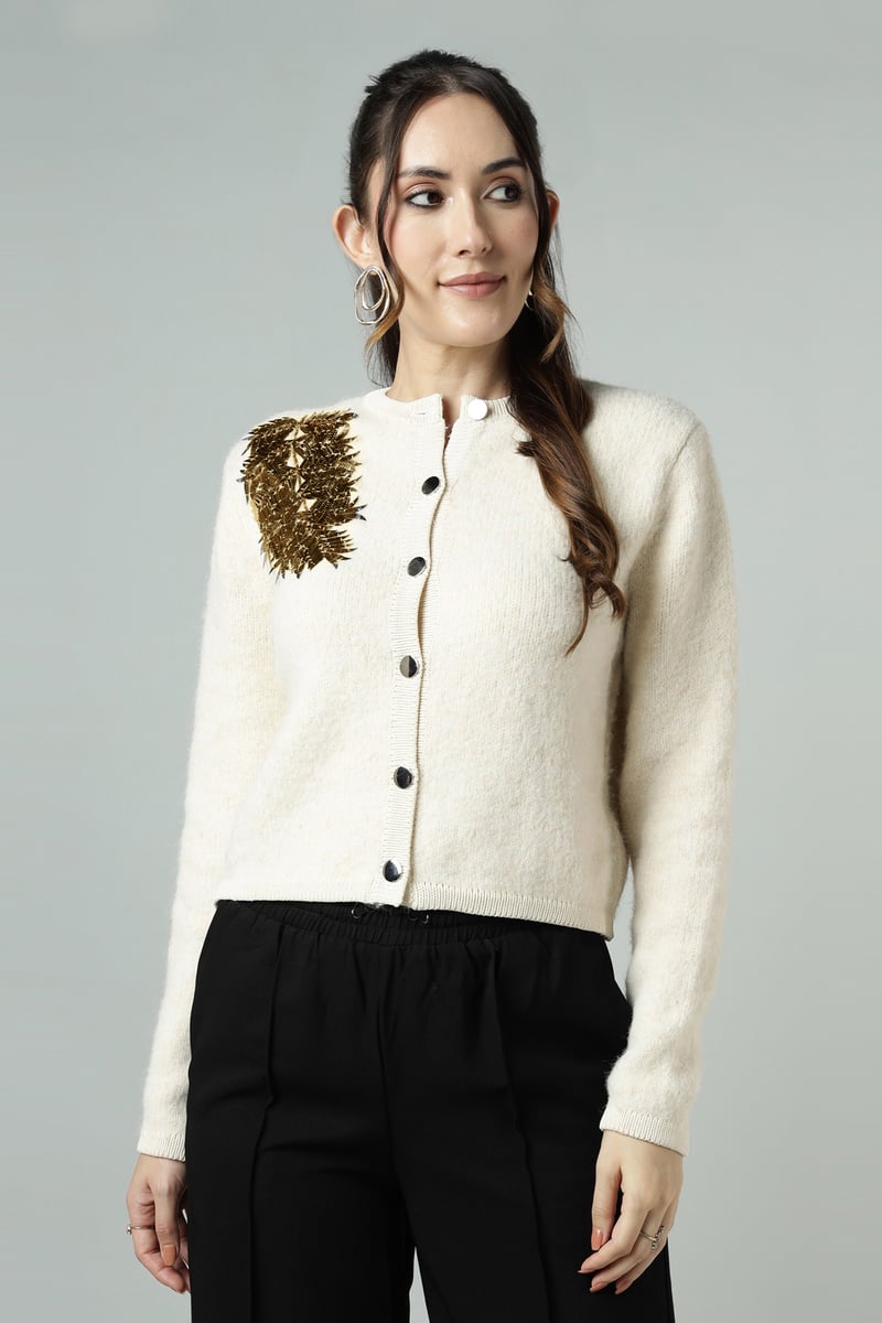 Off-White Cropped Knit Cardigan with Sequin Shoulder Detail — KAREN MILLEN