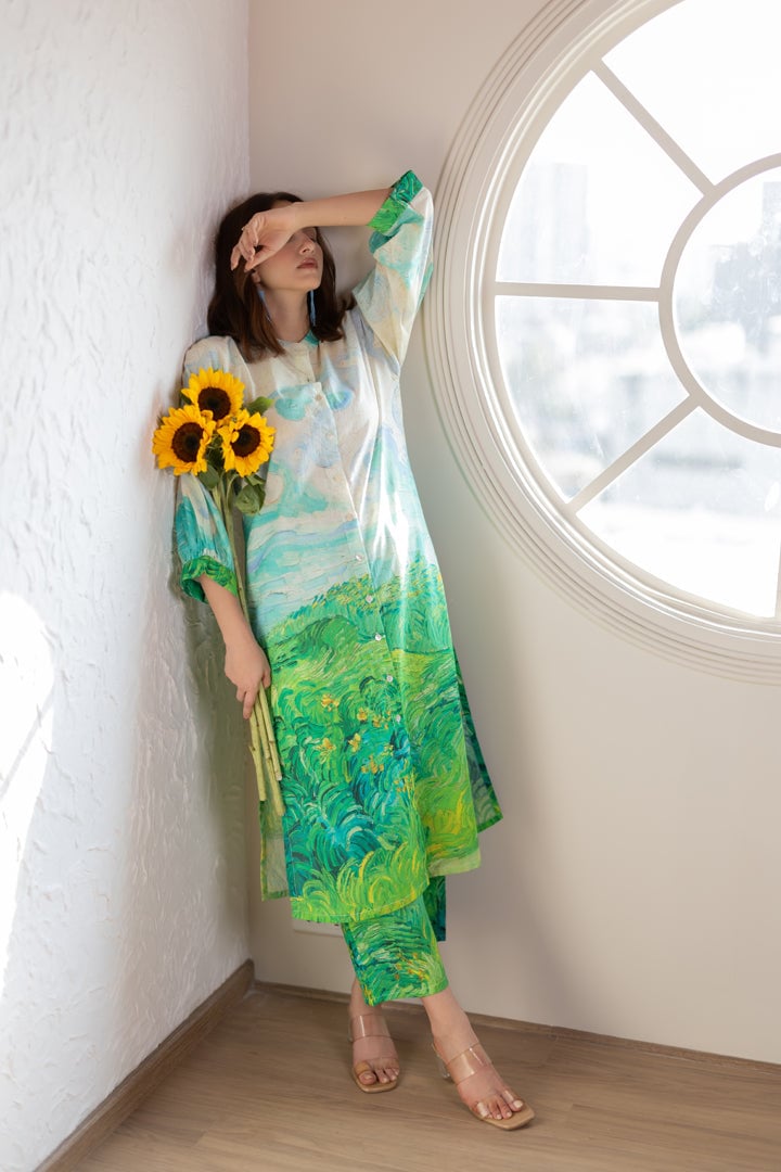 Multicolor Printed Button-Down Kurta Set with Pants