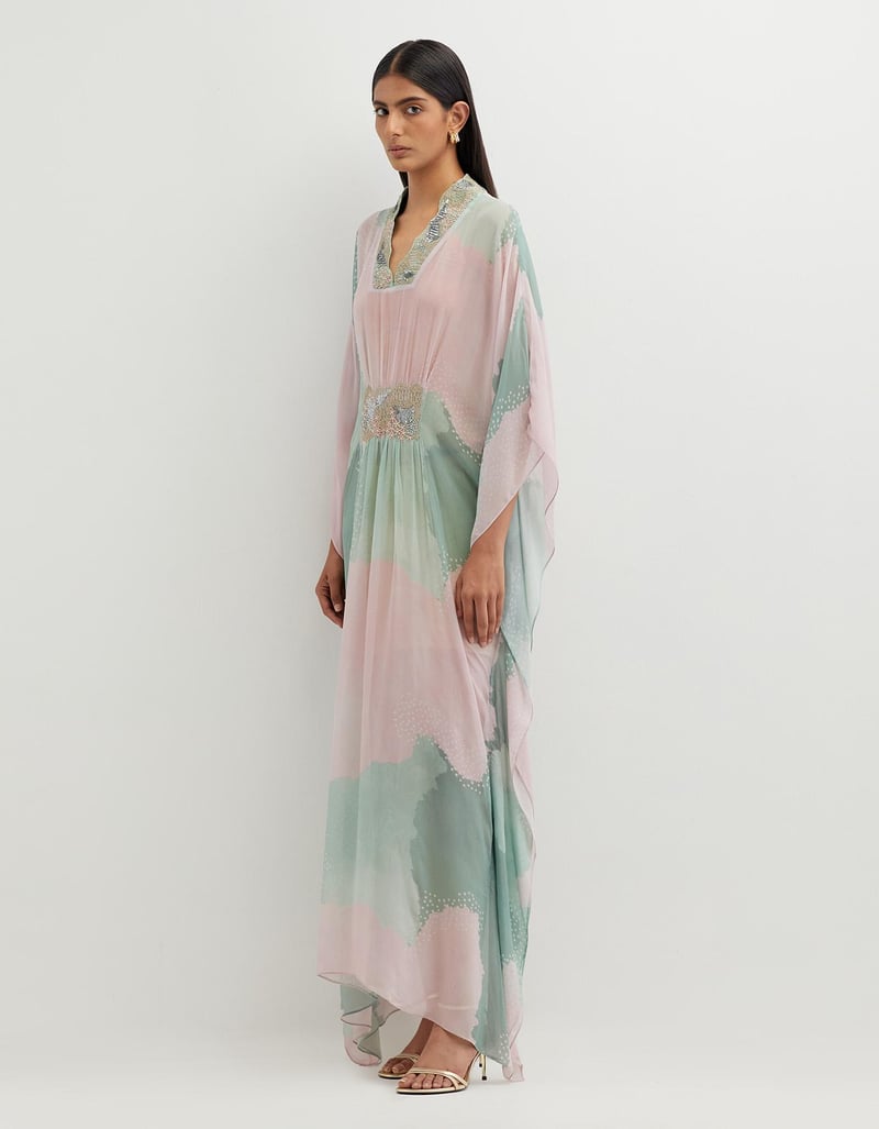 Multicolor Printed Long Dress with Embellishement