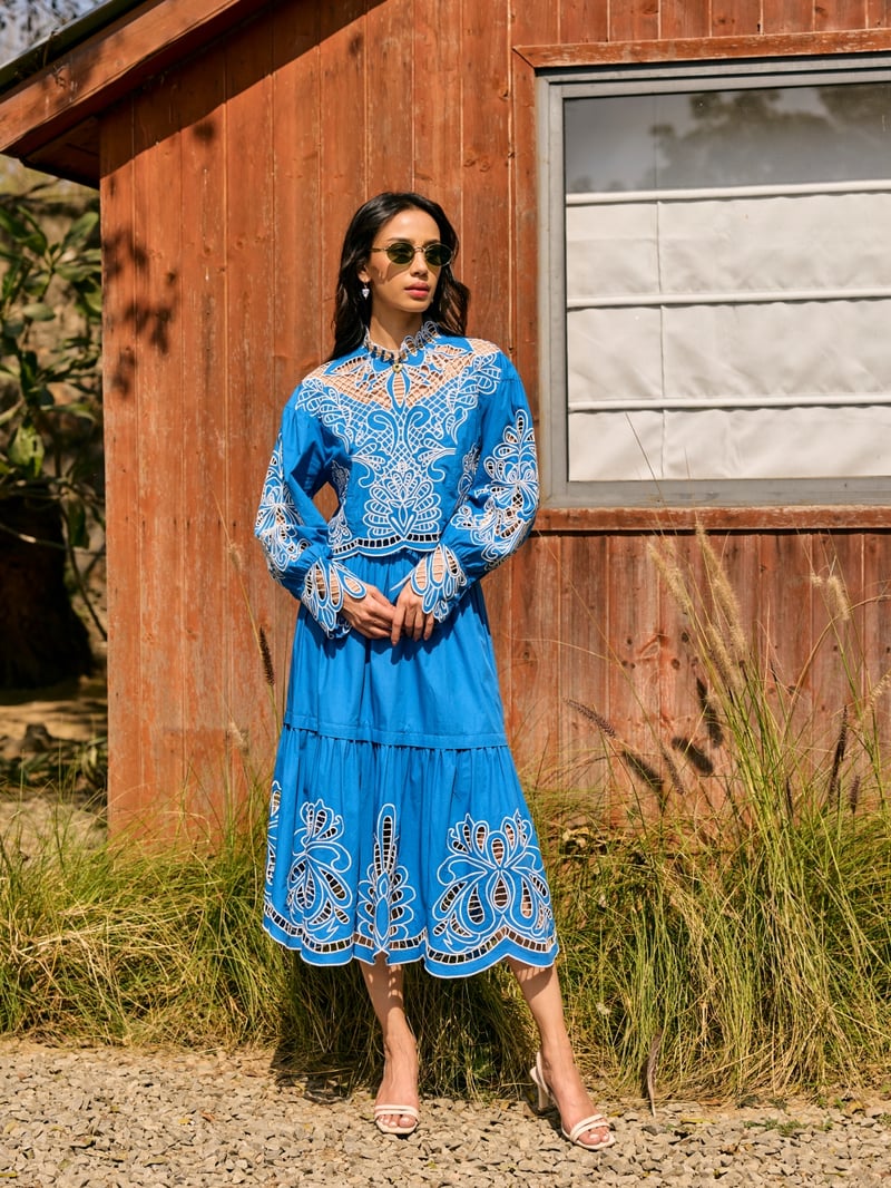Blue Cotton Cutwork Embroidered Crop Top