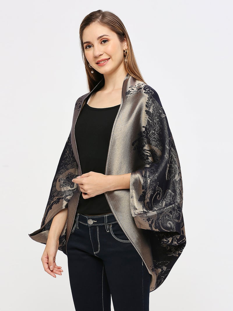 Navy Metallic Brocade Cape Shrug