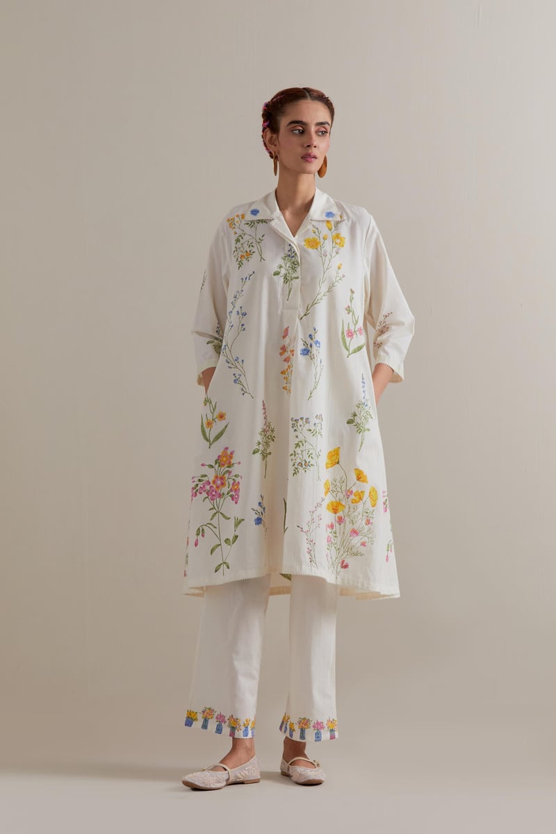 Off-White Floral Block Print A-Line Kurta Set with Dupatta