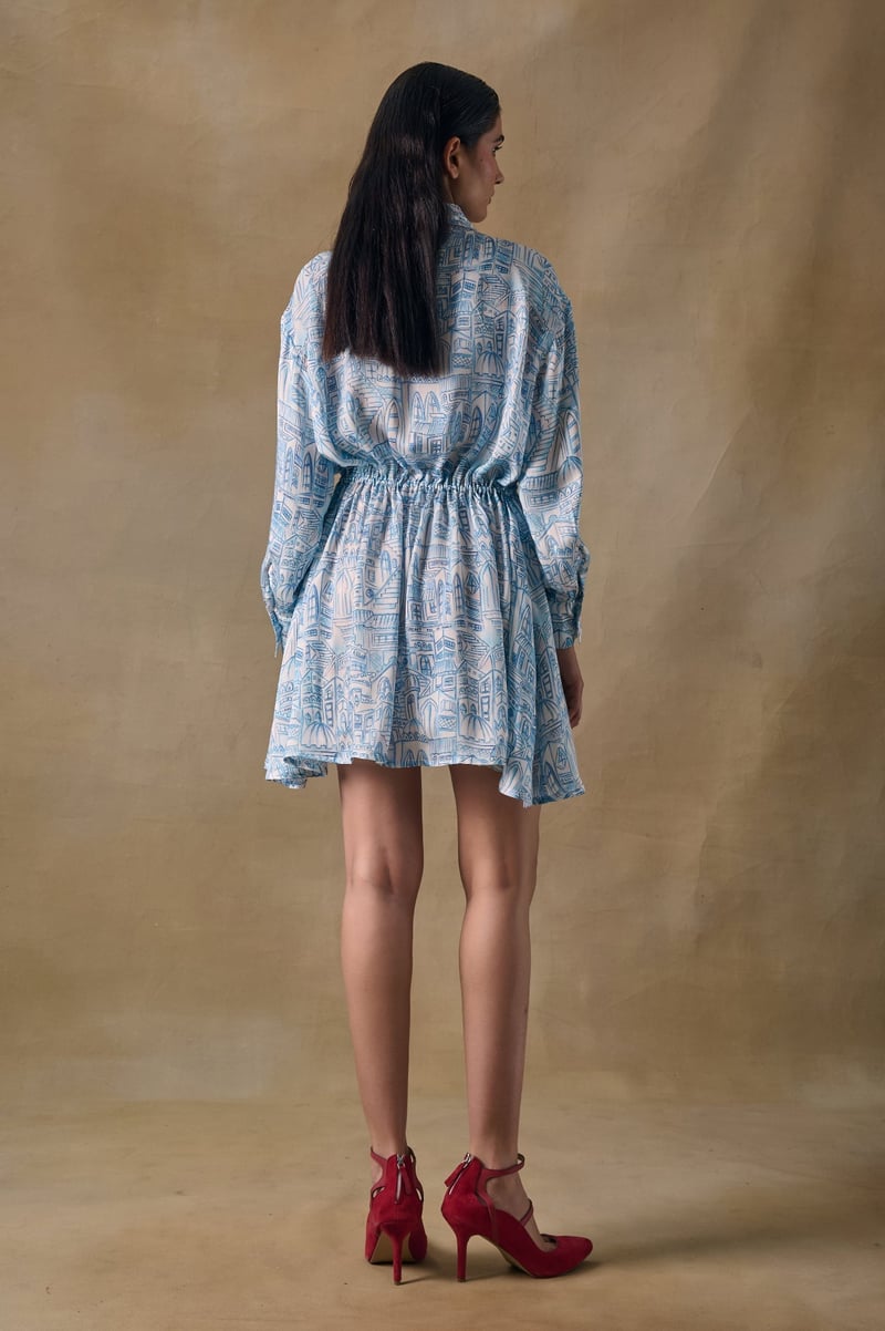 Blue Landscape Printed Mini Shirt Dress with Drawstring Waist