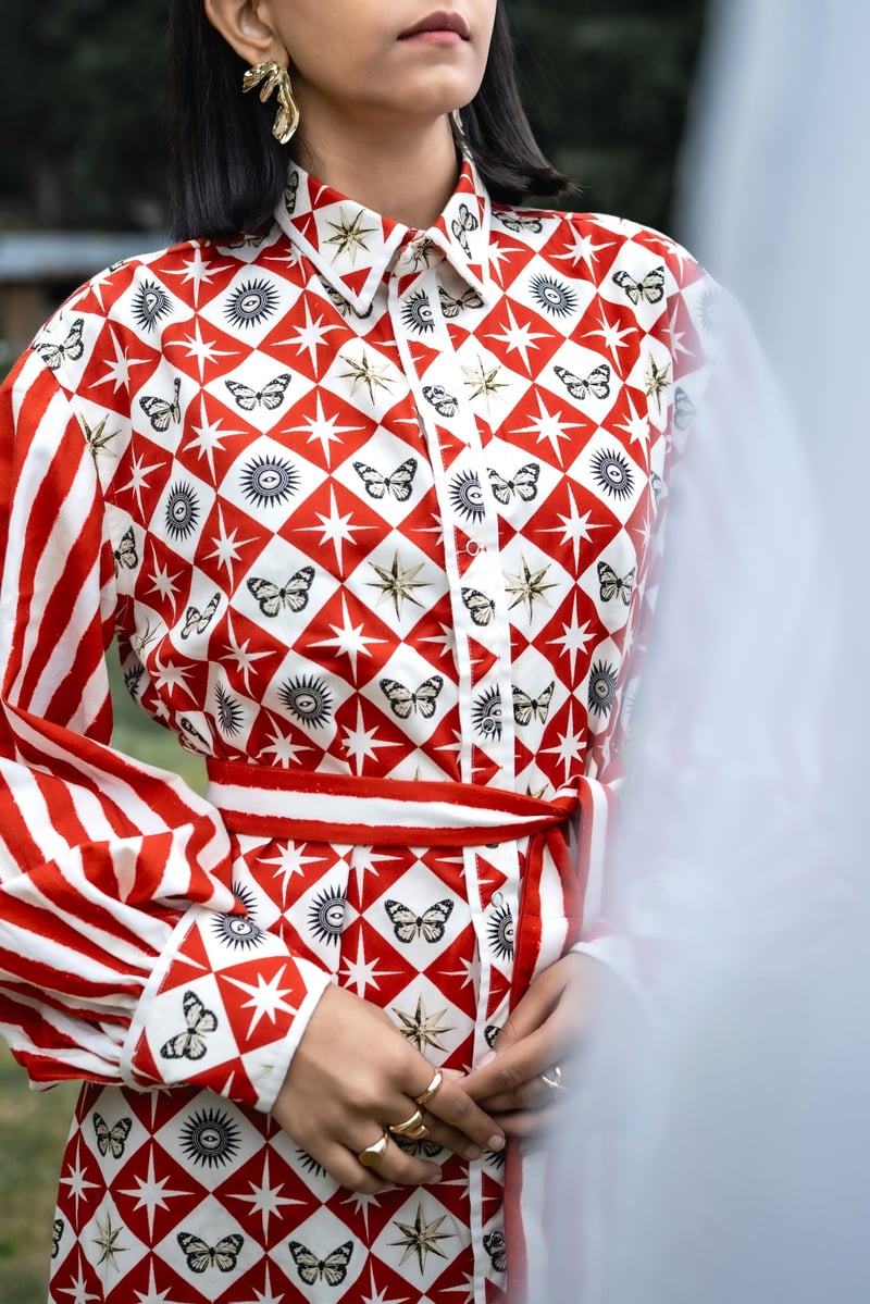 Red and White Printed Midi Shirt Dress with Belt