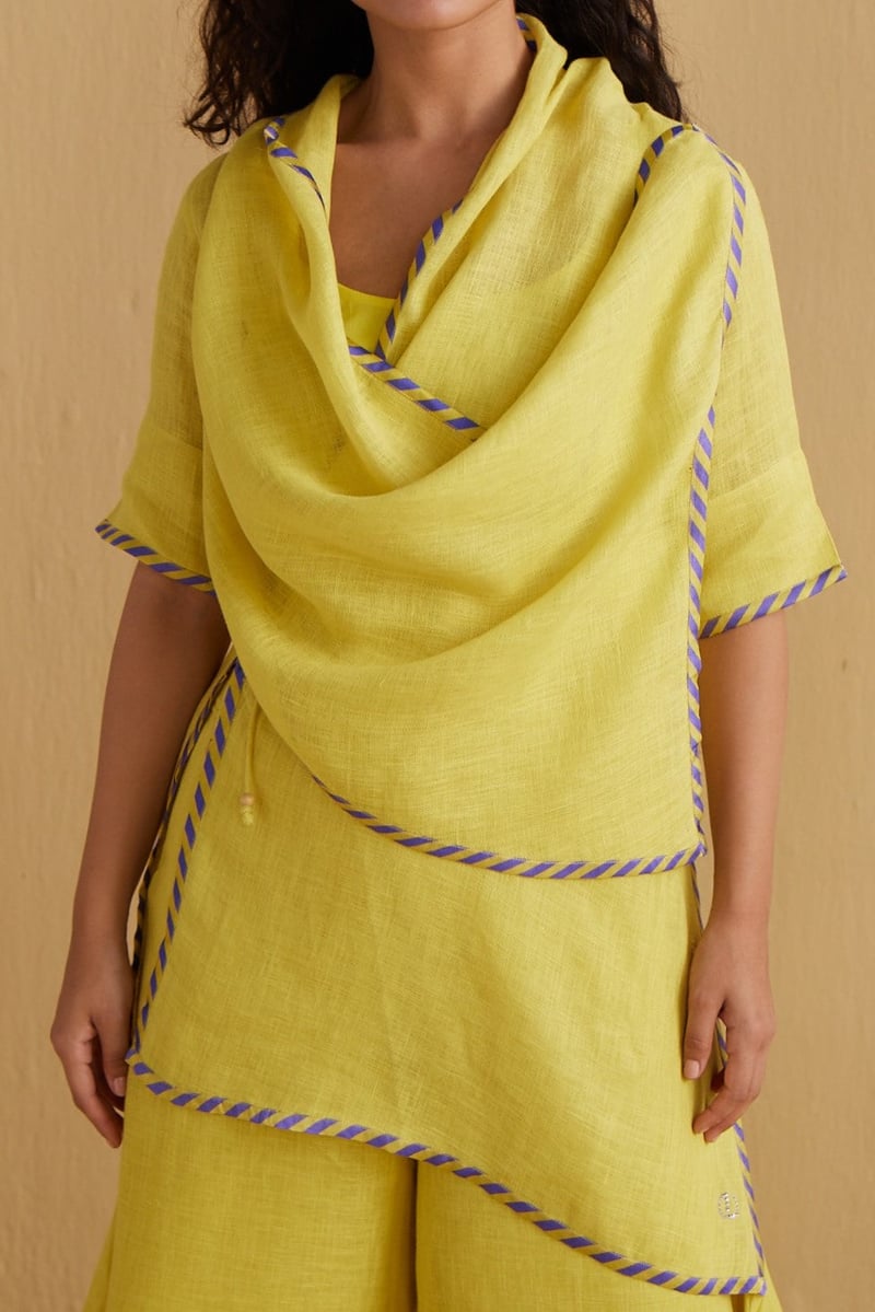 Yellow Gauze Linen Cape with Contrast Border
