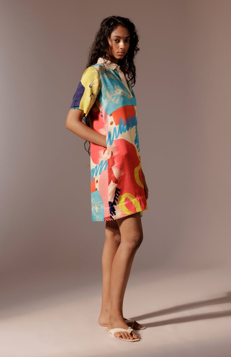 Multicolour Abstract Print Satin Shift Mini Dress
