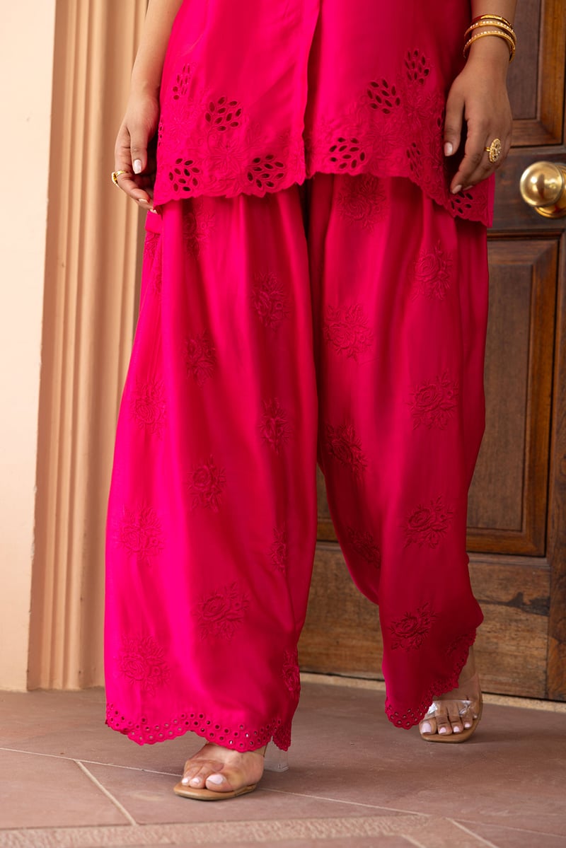 Hot Pink Cutwork Hem Tunic and Farshi Co-ord Set