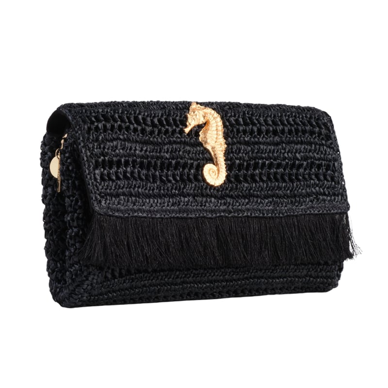 Jena Black Slim Raffia Clutch With Gold Emblem