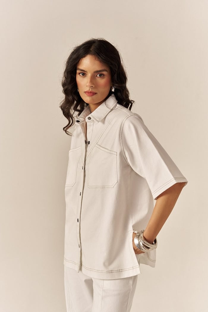 White Denim Oversized Shirt and Flared Pants Co-ord Set