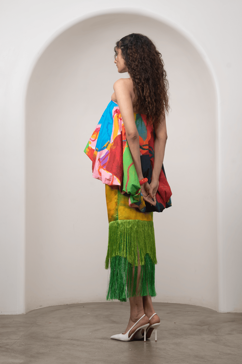 Multicolor Off-Shoulder Bubble Top and Midi Skirt Co-ord Set