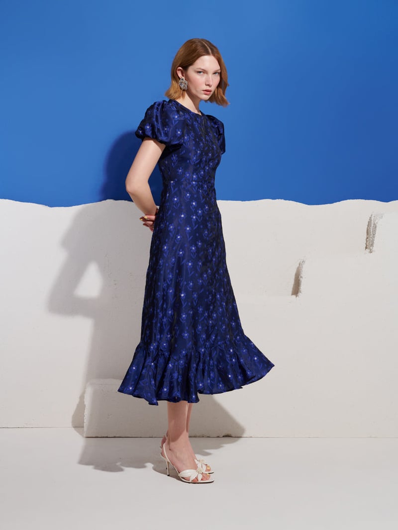 Cobalt Blue Floral Jacquard Puff Sleeve Midi Dress