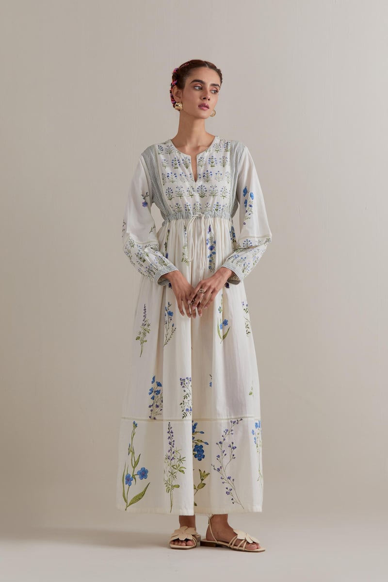 Off-White Floral Block Print Maxi Dress with Waist Tie — Upavita