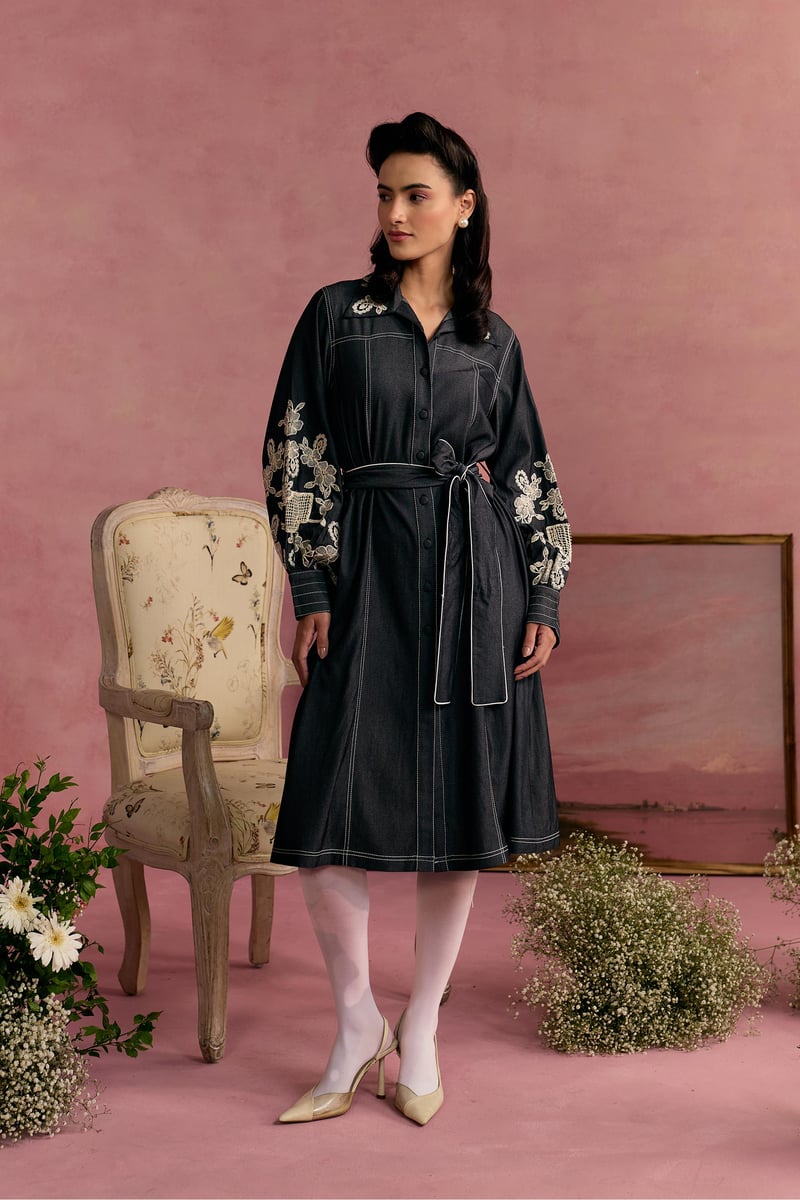 Black Shirt Dress with Embroidered Sleeves and Tie Belt