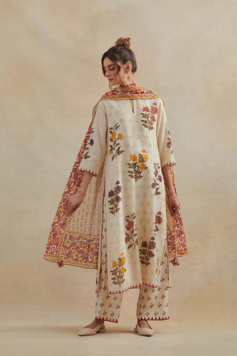 Beige Floral Block Print Straight Kurta Set with Dupatta — Upavita