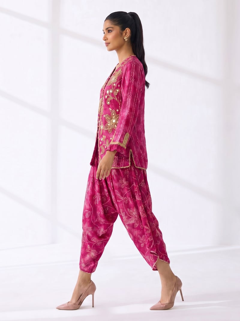 Pink Embroidered Top and Dhoti Pants Co-ord Set