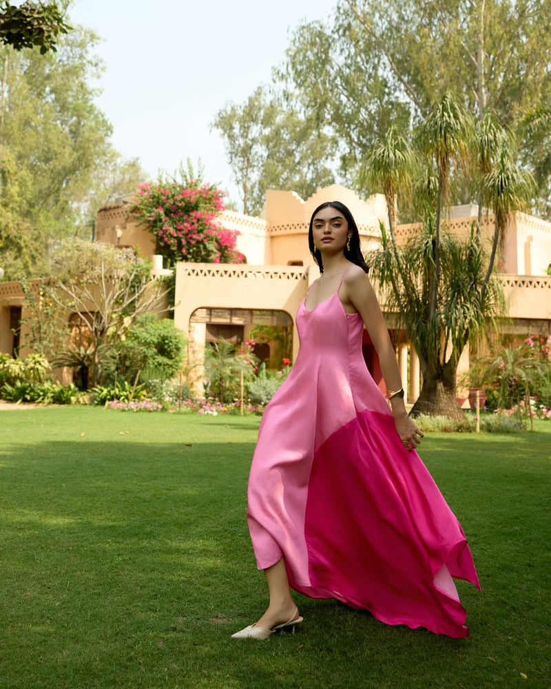 Pink Colorblock Fit and Flare High-Low Midi Dress