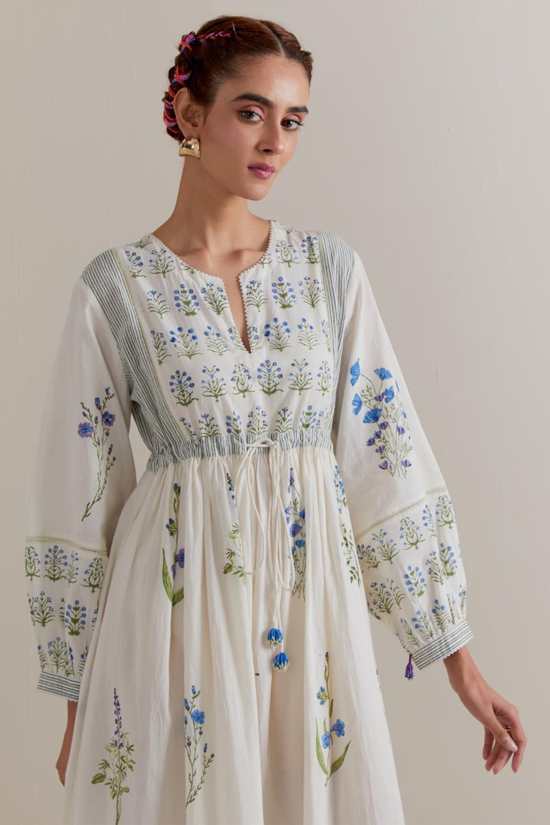 Off-White Floral Block Print Maxi Dress with Waist Tie