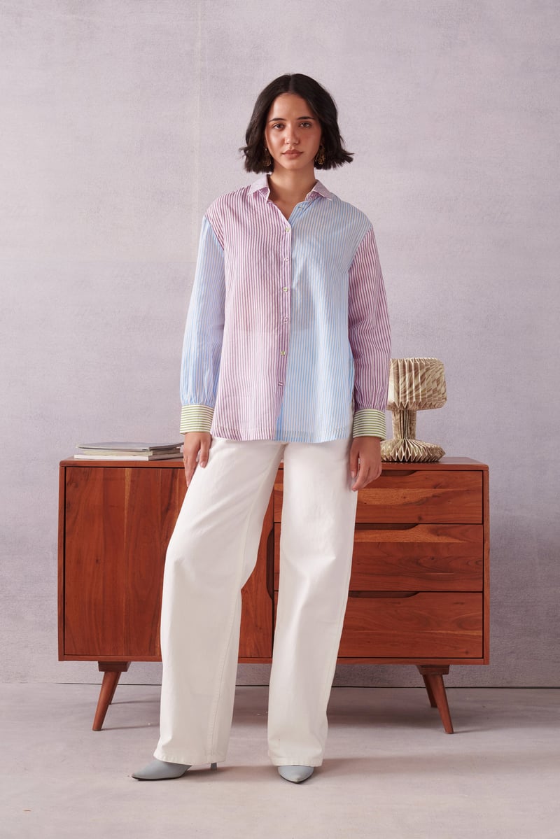 Blue/Pink Striped Panelled Cotton Shirt