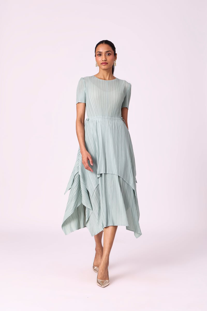 Sage Mint Pleated A-Line Midi Dress with Tie Waist