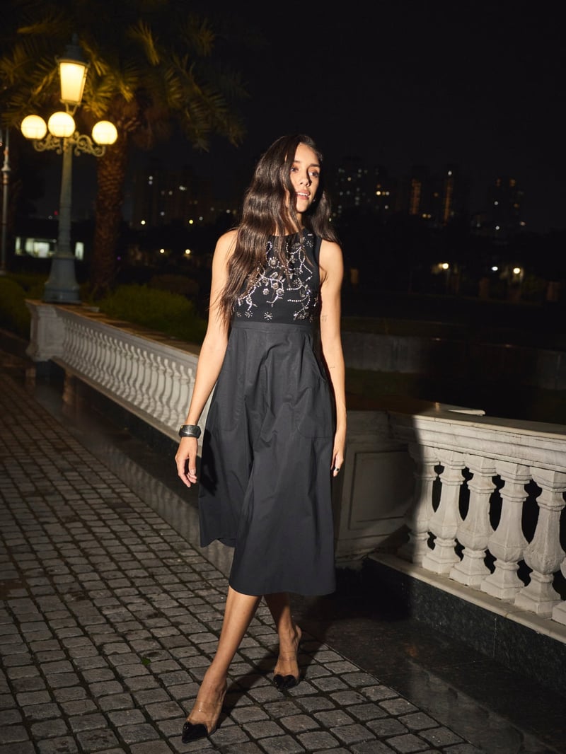 Black Embellished Ribbed Bodice Fit and Flare Midi Dress