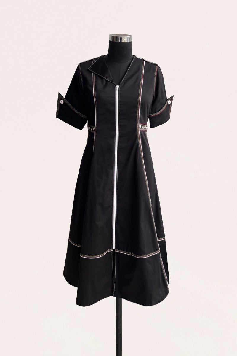 Black Zip-Front Fit and Flare Midi Dress