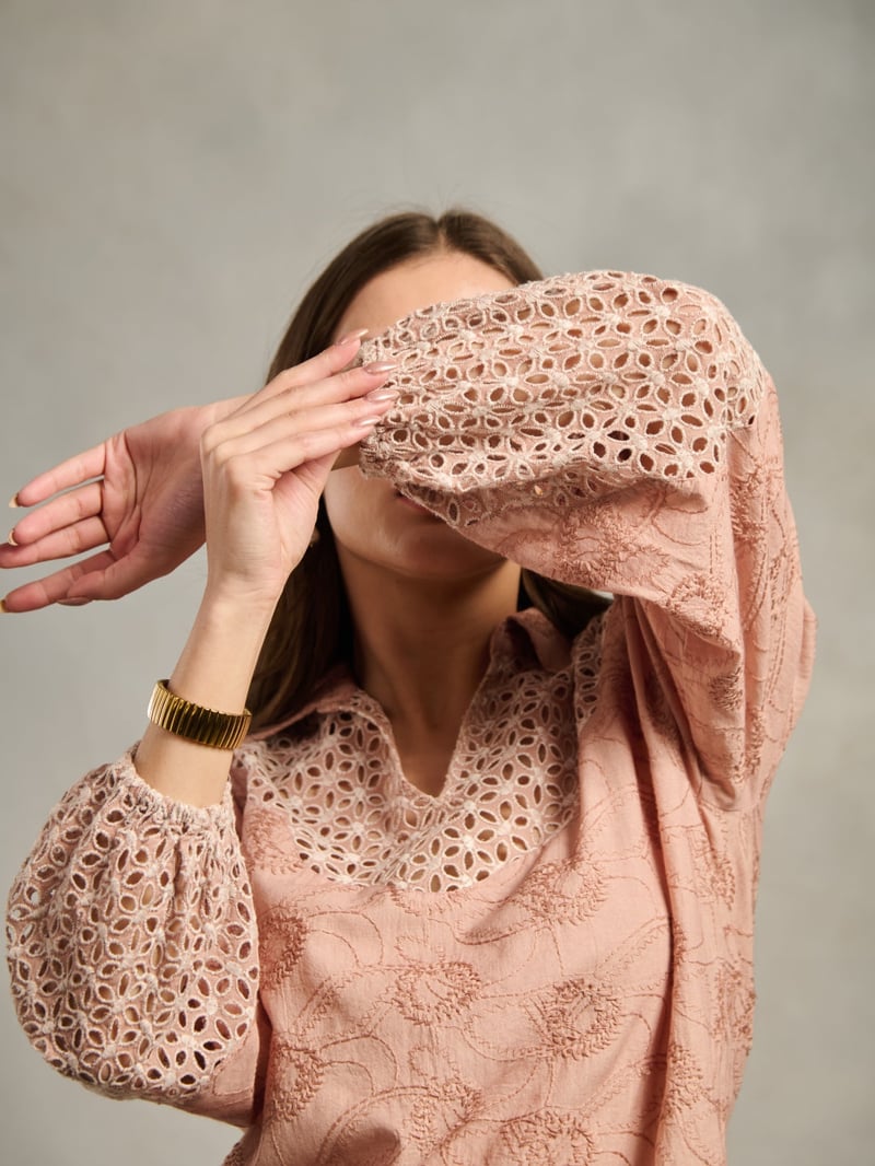 Peach Cotton Schiffli Cutwork Collared Blouse