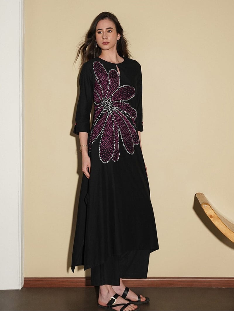 Cotton Bandhani Floral A-Line Kurta Set - Black
