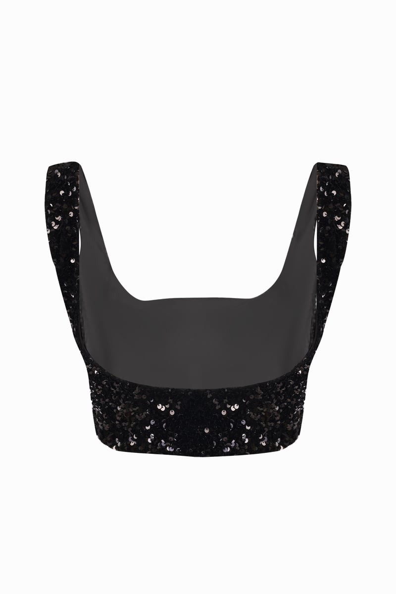 Black Sequins Velvet Square Neck Crop Top