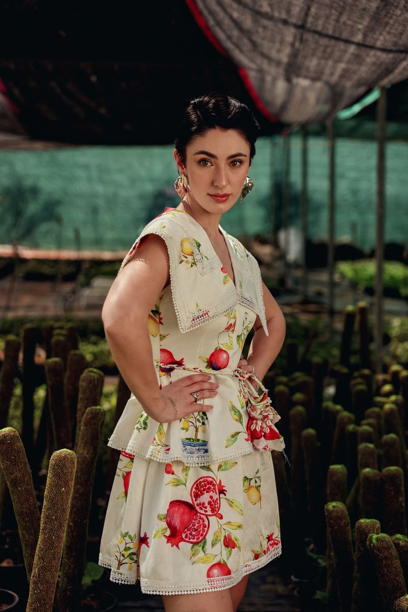 Off-White Fruit Print Tiered Mini Dress with Lace Collar