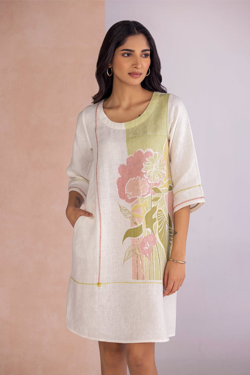 Off White Linen-Blend Printed Shift Knee-Length Dress