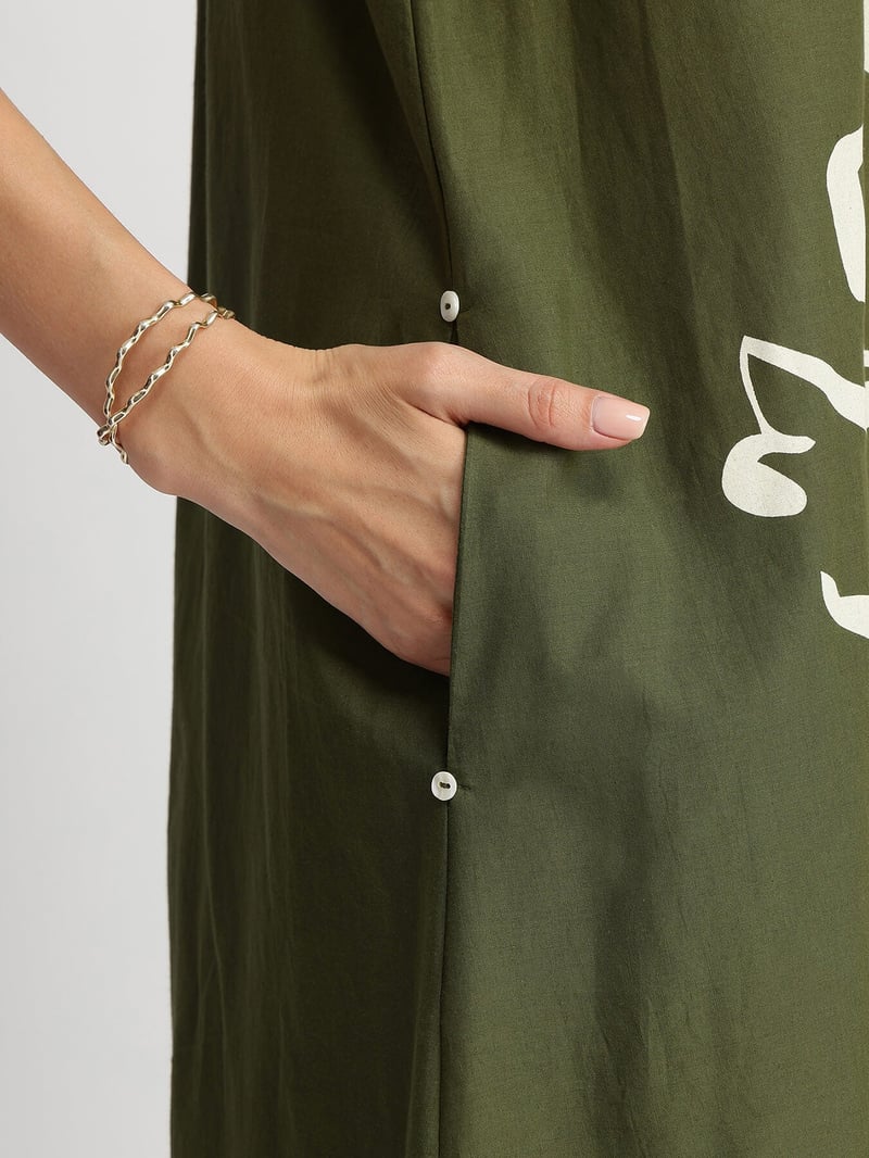 Olive Cotton Floral Placement Print A-Line Midi Dress