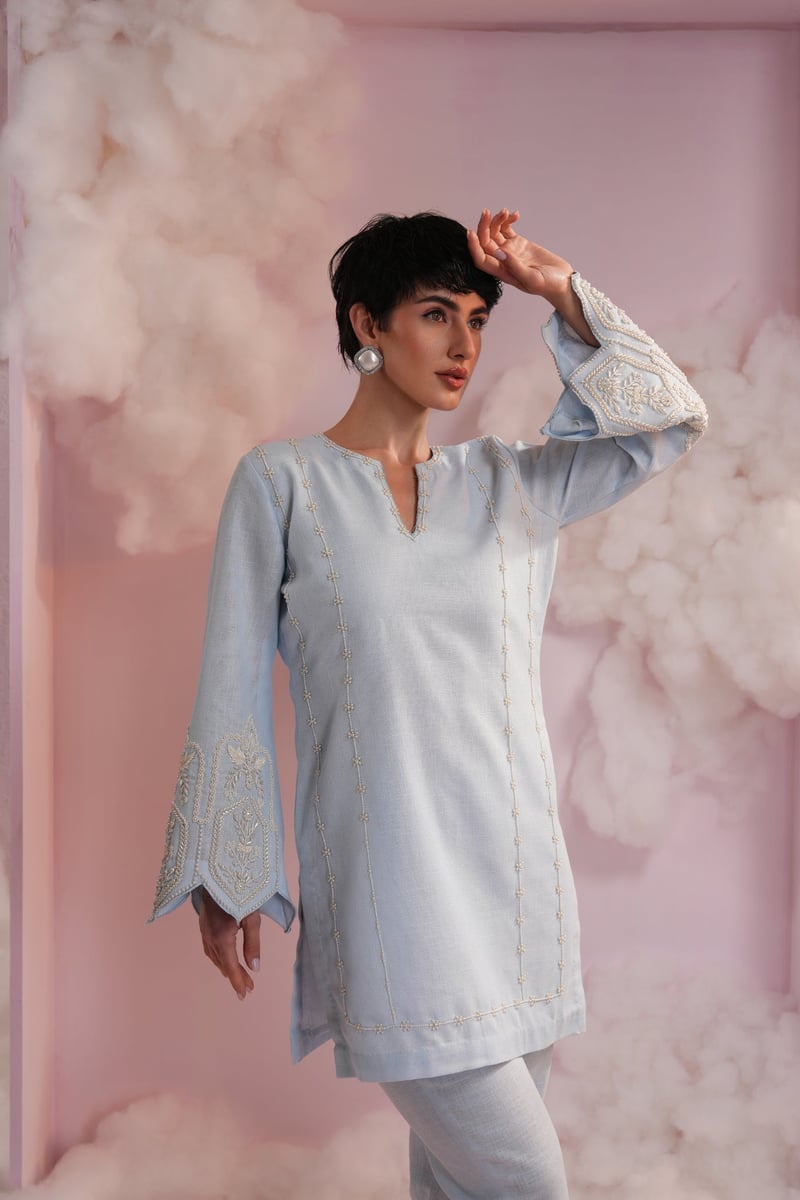 Powder Blue Pearl Embroidered Kurta Pant Co-ord Set