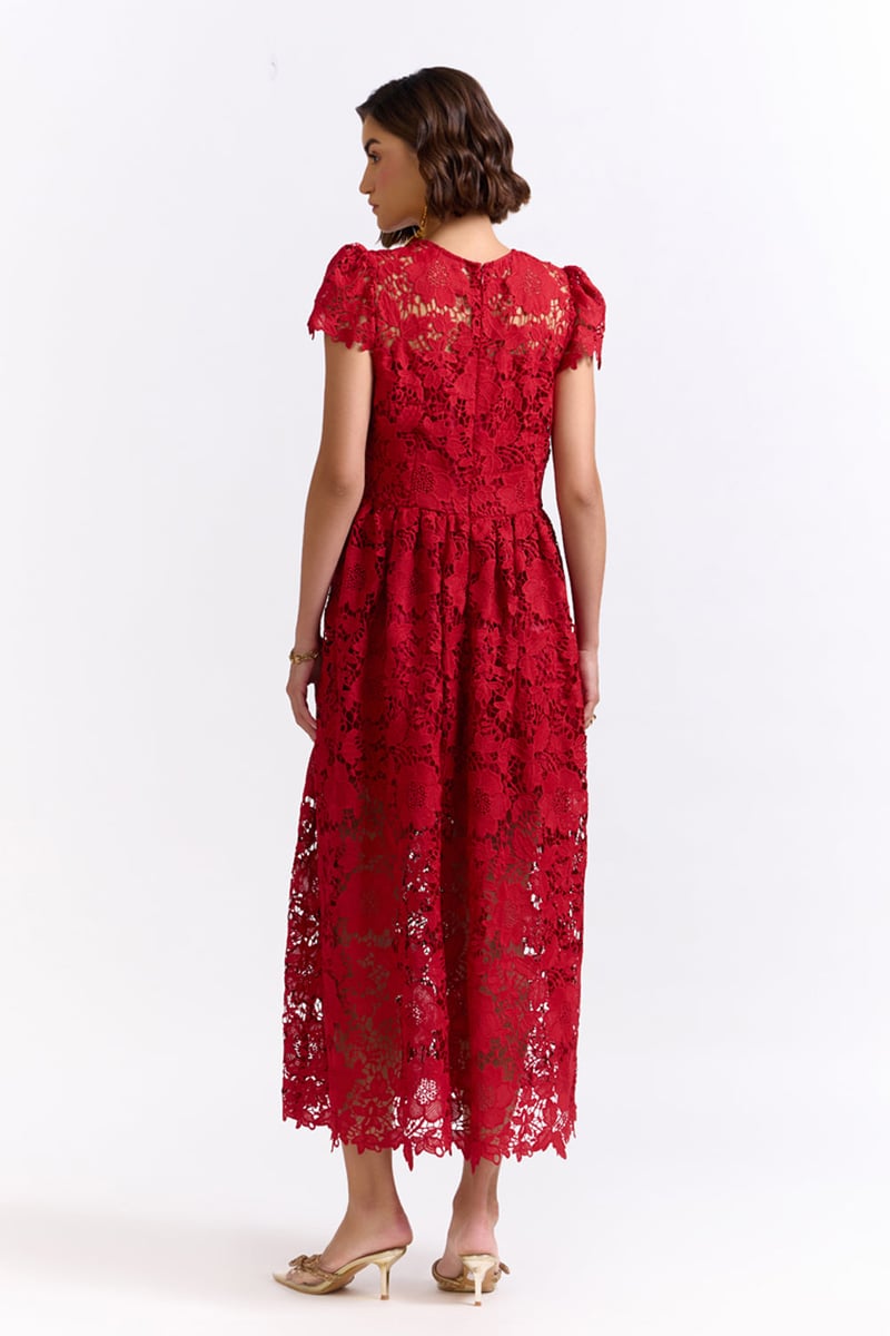 Red Lace Fit and Flare Midi Dress