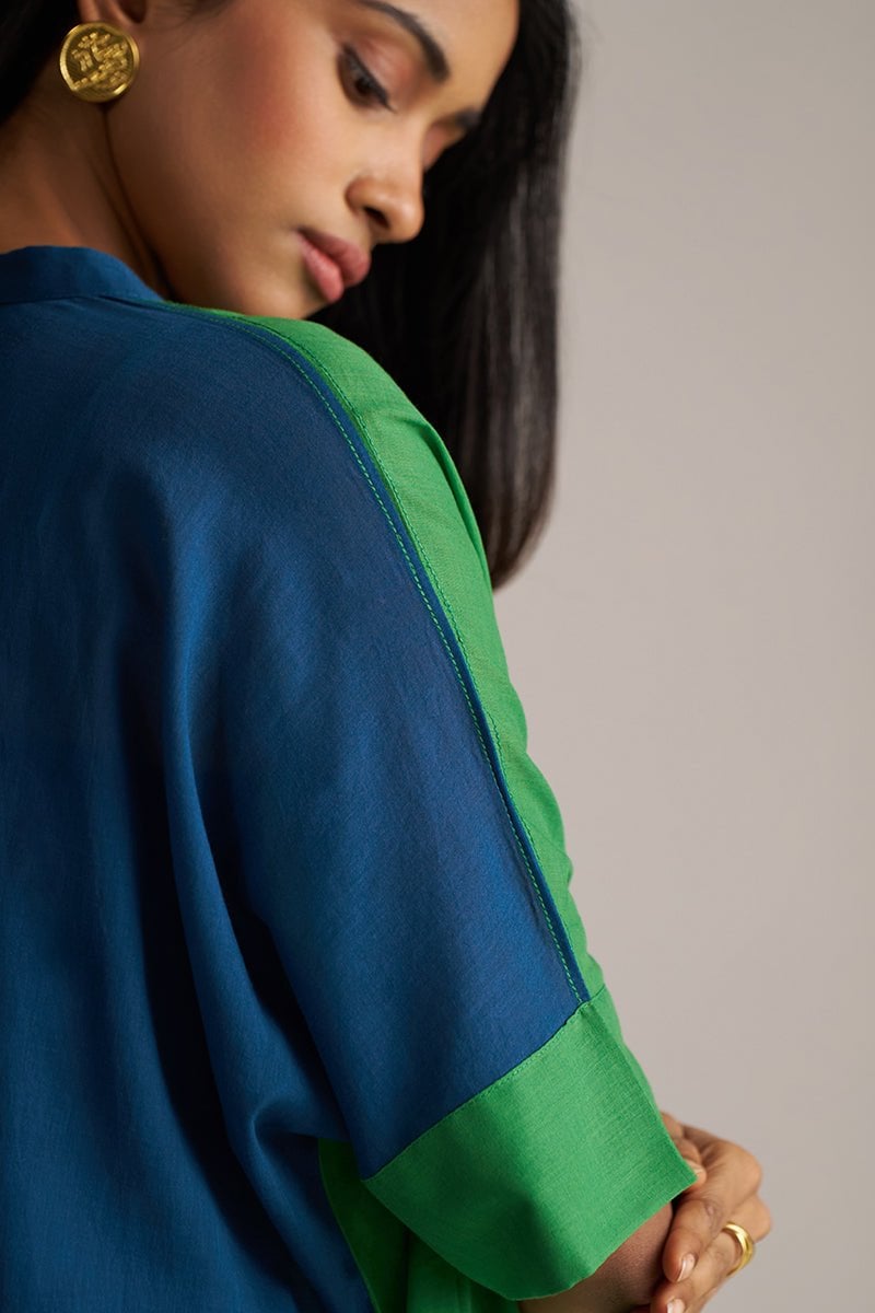Blue and Green Colorblocked Kurta Co-ord Set with Slip